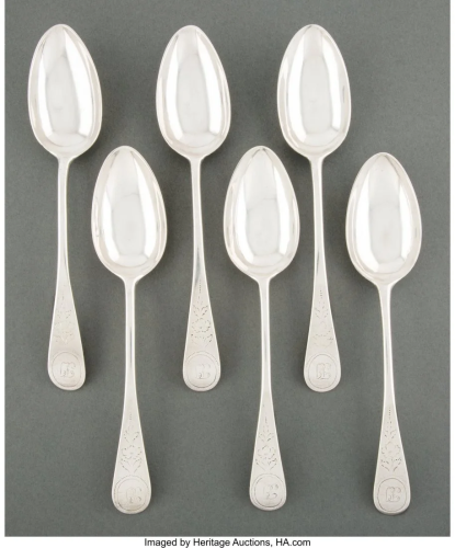 74003: Six Paul Revere, Jr. Silver Table Spoons, Boston