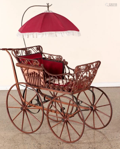 WICKER BABY CARRIAGE WITH UMBRELLA C.1900