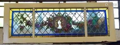 PAINTED LEADED GLASS WINDOW BUST OF A WOMAN