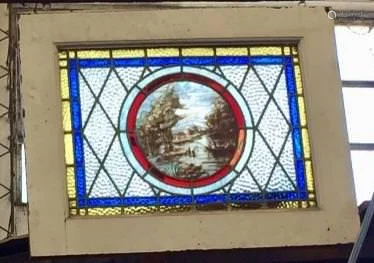 LEADED STAINED GLASS WINDOW RIVER SCENE C.1920