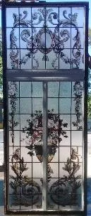 LEADED PAINTED GLASS WINDOW WITH FLOWERS C.1900