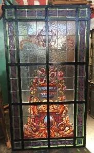 LEADED PAINTED GLASS WINDOW IN IRON FRAME C.1930