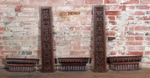 PAIR CARVED OAK PILASTERS AND 3 OAK CAPITALS 1900