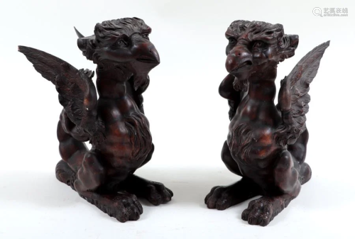 PAIR LATE 19TH C. CARVED WINGED GRIFFINS