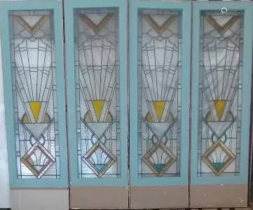 SET 4 WOOD DOORS WITH ART DECO LEADED GLASS PANEL