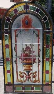 PAINTED LEADED GLASS WINDOW IRON ARCHED TOP FRAME