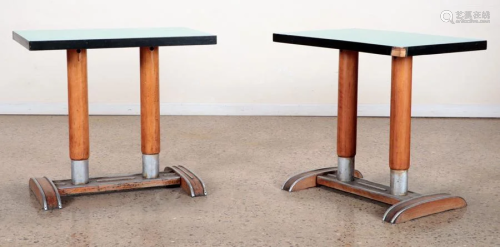 PAIR OF ART DECO WOOD AND BRASS BISTRO TABLES