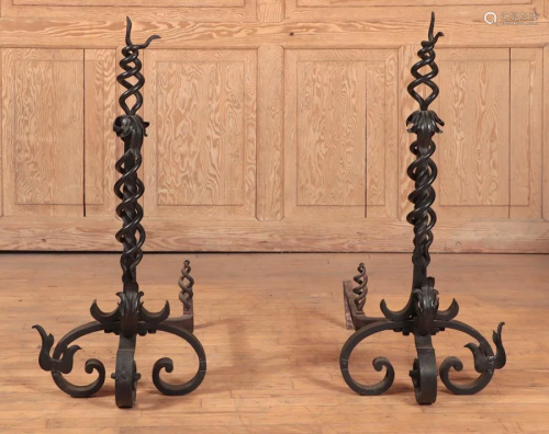 PAIR WROUGHT AND TWISTED IRON ANDIRONS C.1910
