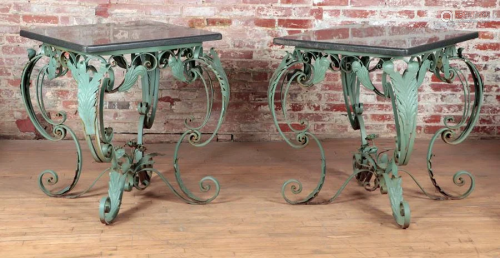 PAIR PAINTED IRON GRANITE TOP TABLES FLORAL DESIG