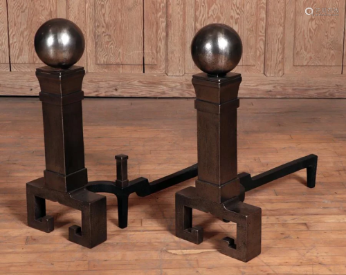 PAIR LARGE CAST IRON CANNONBALL ANDIRONS