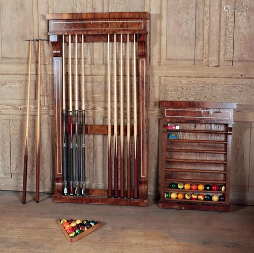 FIGURED WALNUT CUE RACK AND BALL HOLDERS C.1900