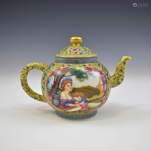 FAMILLE ROSE OPEN FACE WESTERN MOTIF PORCELAIN TEAPOT