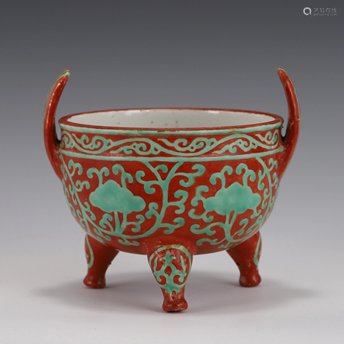 TURQUOISE GREEN & RED GLAZED TRIPOD CENSER