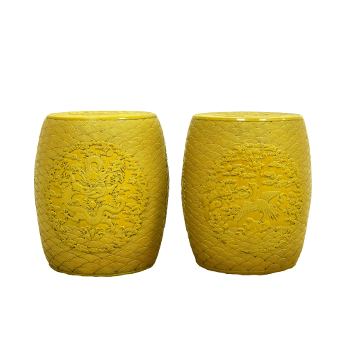 PAIR QING YELLOW MONOCHROME PORCELAIN STOOL