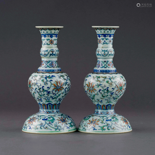 PAIR QIANLONG DOUCAI SCROLLING FLORAL CANDLE STANDS