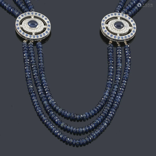 Long necklace with three faceted sapphire strands with