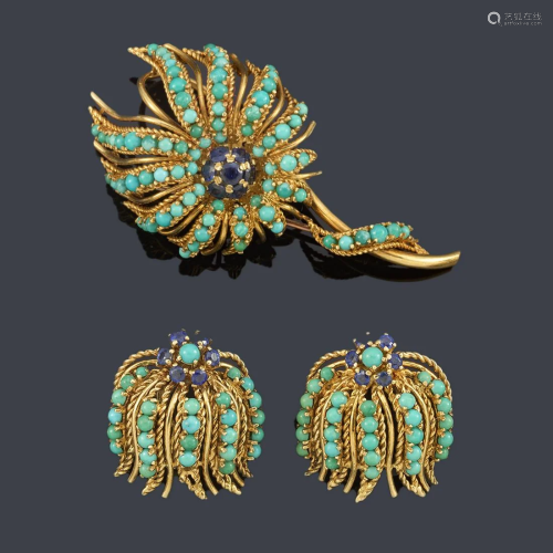 Retro earrings and brooch with turquoise and sapphires