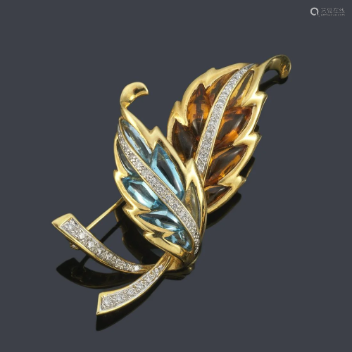 Plant motif brooch with blue topaz, citrine and
