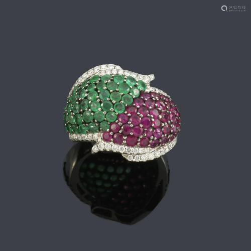 Two-armed bombé ring set with ruby