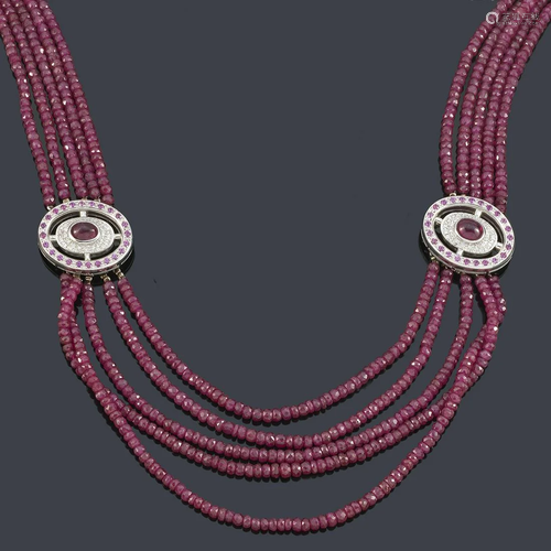 Long necklace with three faceted ruby