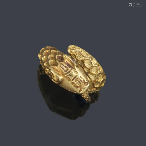 18K chiseled 18K yellow gold coiled snake ring.