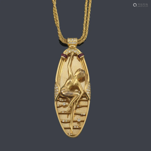 Chain and oval pendant with a female figure enriched