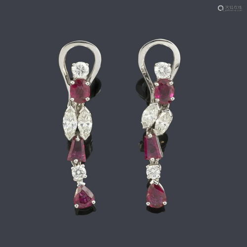 Long earrings with oval cut rubies, trapezoid and knob