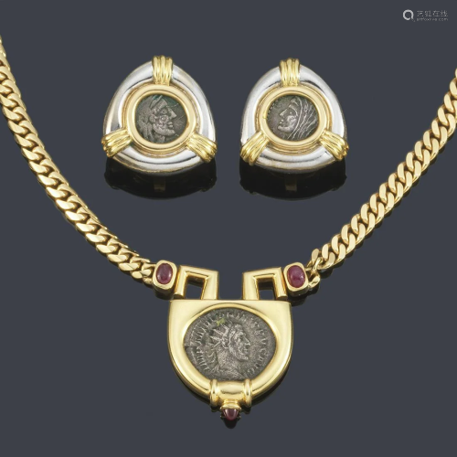 Necklace and earrings with roman coins and cabochon