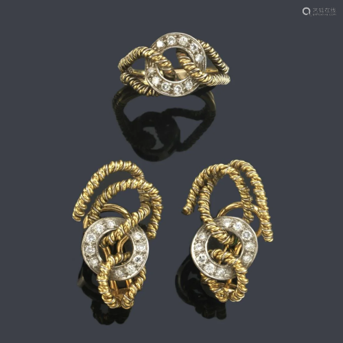 Earrings and ring with diamonds in 18K white and yellow