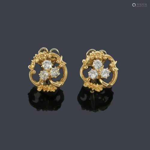 Modernist earrings with three old-cut diamonds with