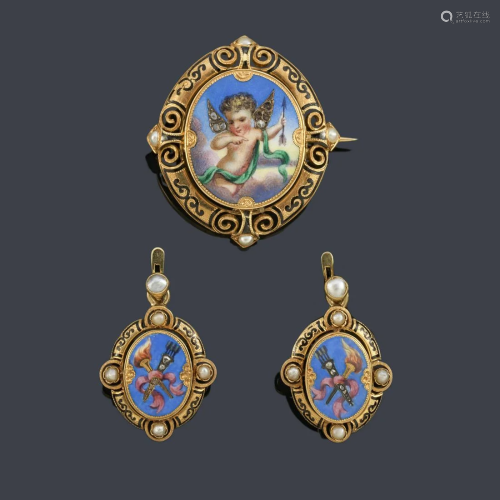 Brooch and earrings with a hand-painted Cupid motif