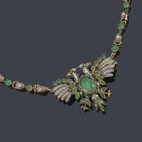 Necklace with rose cut diamonds and emerald simile in