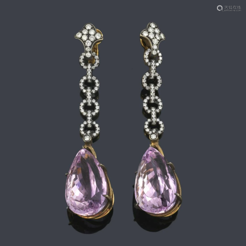 Long earrings with a pair of knob cut kuncites of