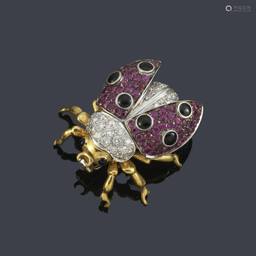 LUIS GIL Ladybug brooch with diamonds, pink sapphires