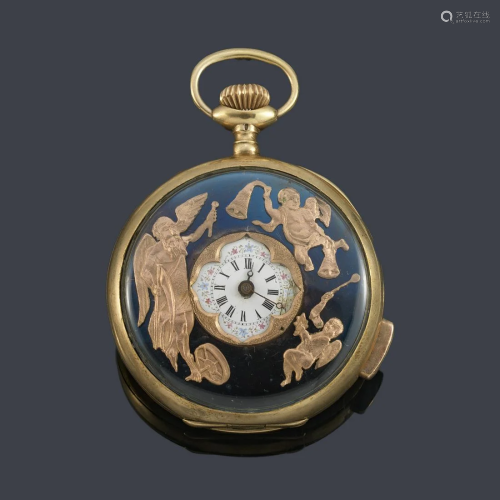 Quarter repeating automaton clock with gold metal case.