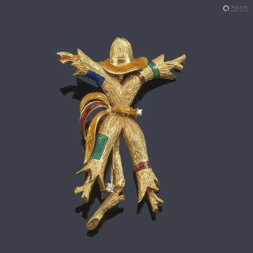 Scarecrow-shaped brooch with enamel and diamonds on 18K