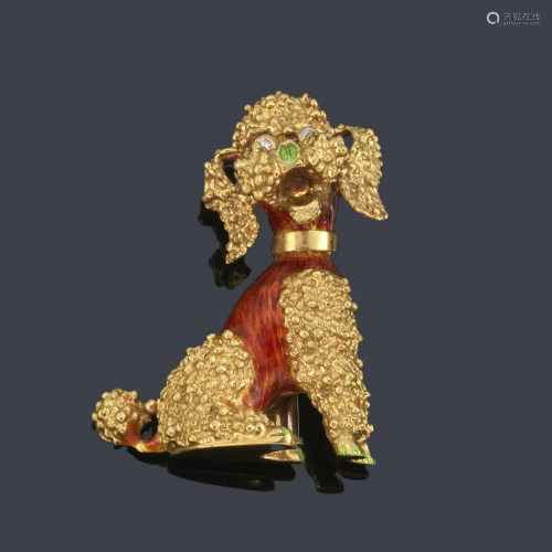 Poodle-shaped brooch with enamel and diamonds in