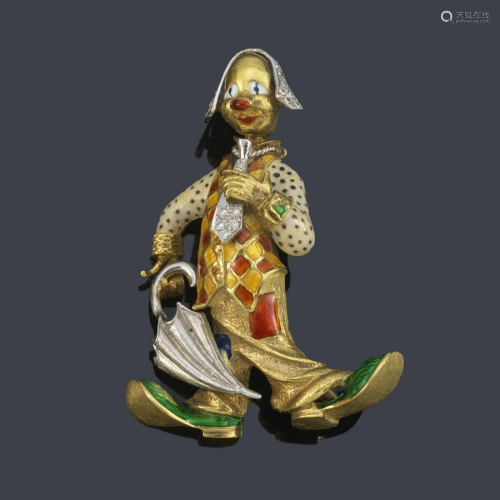 Clown-shaped brooch with diamonds and polychrome enamel