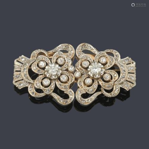 Double clip brooch with brilliant and rose cut diamonds
