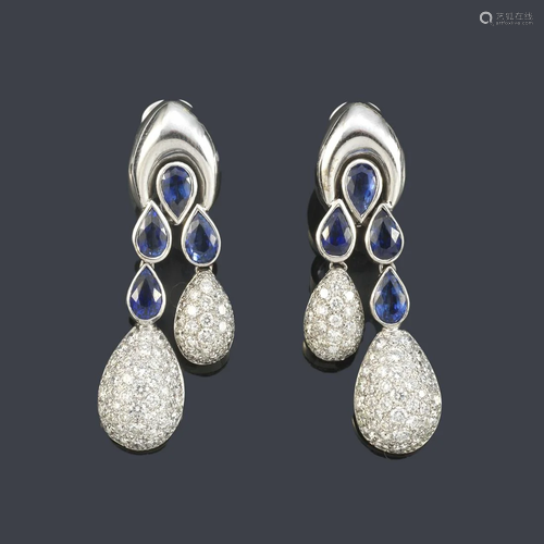 Long earrings with goatee-cut sapphires of approx. 4.00