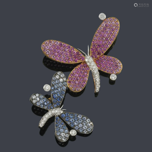 Brooch with two butterflies motif with pink and blue
