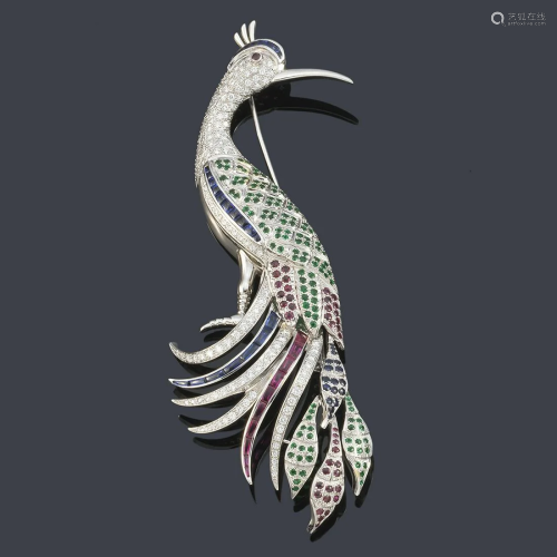 Delicate peacock-shaped brooch with sapphires, rubies,