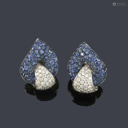 Short sapphire pavé leaf-shaped earrings approx.