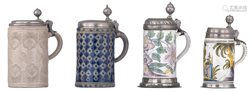 A collection of four German pewter-mounted tankards,