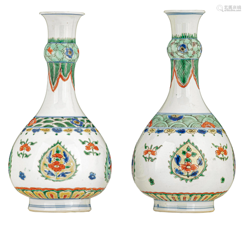 A pair of famille verte bottle vases, Kangxi period, H