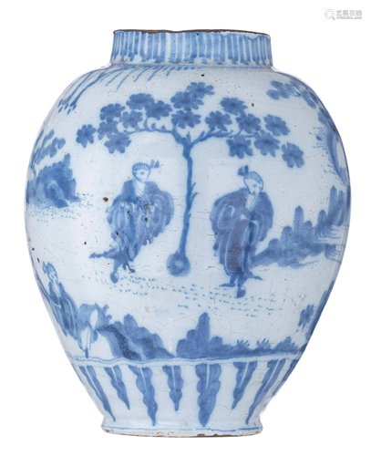 A fine Dutch Delftware pot, with blue and white