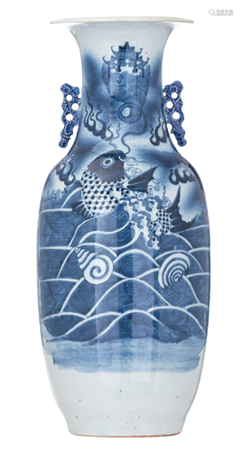 A Chinese blue and white 'Carp' vase, 19thC, H 59 cm