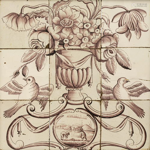 A manganese decorated Delftware tile panel, 18thC, 39 x