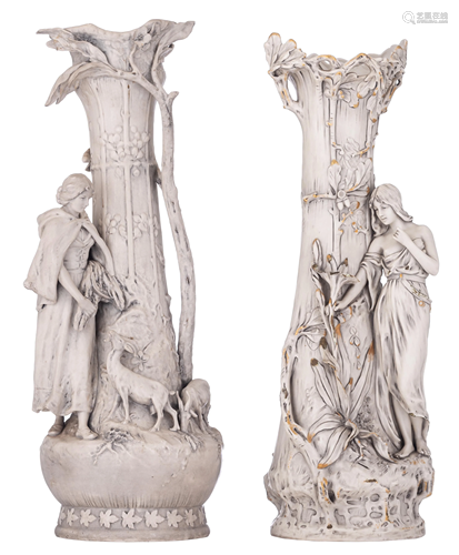 Two Art Nouveau Royal Dux relief decorated vases, H 70