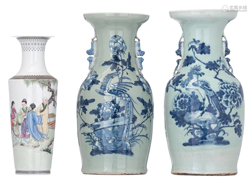 Two Chinese blue and white on celadon ground vases,